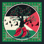 Poster culture palestienne | pastèque palestine, olive t<br><div class="desc">Dans cette oeuvre d'art vivante et évocatrice, l'artiste mélange magistralement des éléments de culture et de symbolisme pour communiquer un soutien indéfectible à la population de Gaza. La composition est un témoignage visuel de la résilience, de l'héritage et de l'espoir qui persistent malgré les défis. livre un puissant message de...</div>