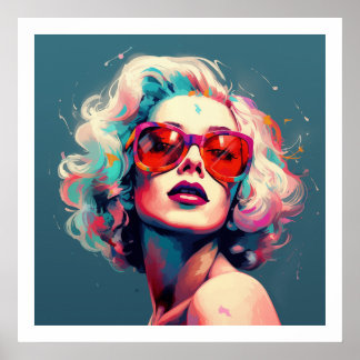Poster Culture pop couleurs vibrantes Fille avec lunettes
