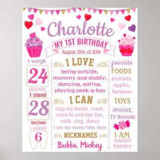 Poster Cupcake Hearts First Birthday board pour une fille