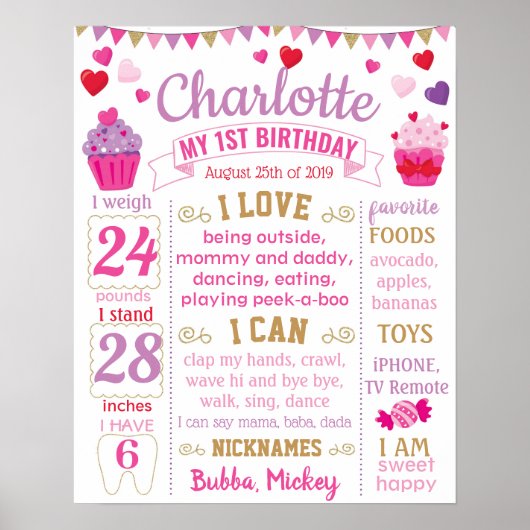 Poster Cupcake Hearts First Birthday board pour une fille (Devant)