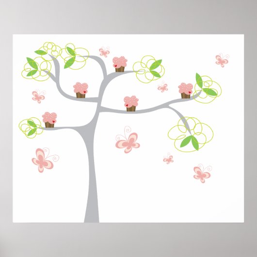 Poster Cupcakes Whimsical Tree Butterflies Sweet Birthday (Devant)