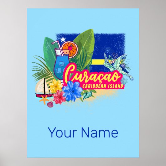 Poster Curacao retro caribbean island with turtle vintage (Devant)