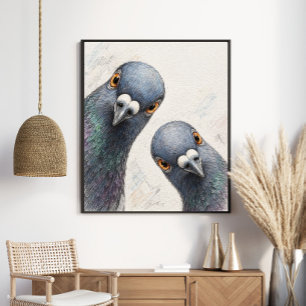 Poster Curieux Duo de Pigeons Oiseau Graphite Fantaisis