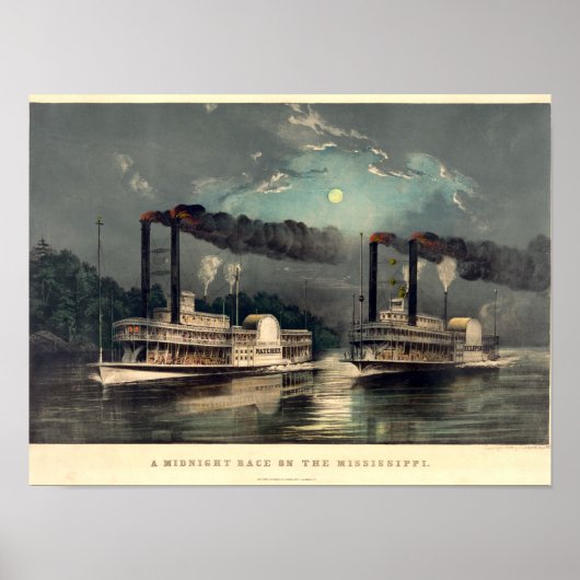 Poster Currier & Ives, 1890, Une course en bateau à vapeu (Devant)