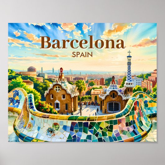 Poster Custom Barcelona Spain Watercolor Park Guell Retro (Devant)