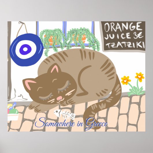 Poster Custom Greek Taverna Cat Mediterranean Scene (Devant)