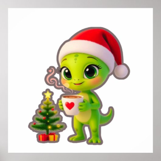 Poster **Cute 3D Green Alien in Santa Hat with Hot Chocol (Devant)