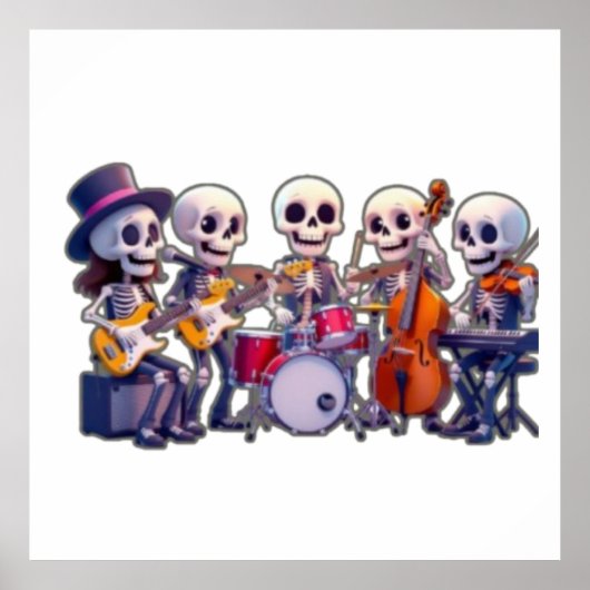 Poster Cute 3D Skeleton Music Band – Adorable Cartoon Con (Devant)