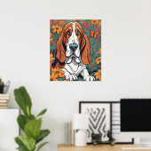 Poster Cute Ai Basset Hound et Papillon en Fleurs (Bureau à domicile)