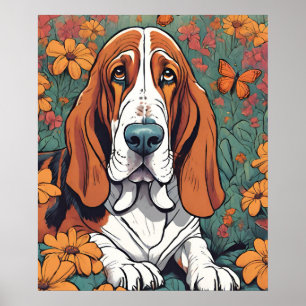 Poster Cute Ai Basset Hound et Papillon en Fleurs