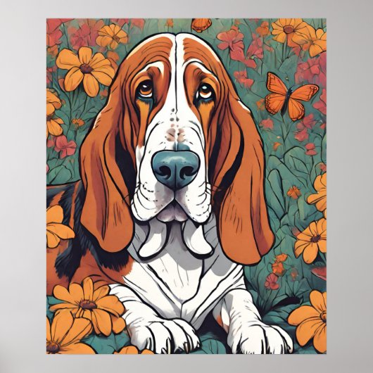 Poster Cute Ai Basset Hound et Papillon en Fleurs (Devant)