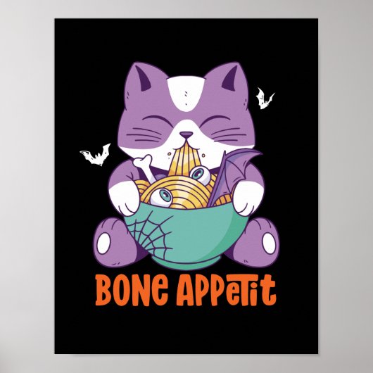 Poster Cute Anime Chat Mange Ramen Bon Appetit Halloween (Devant)
