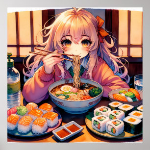 Poster Cute Anime Girl Manger Ramen et Sushi