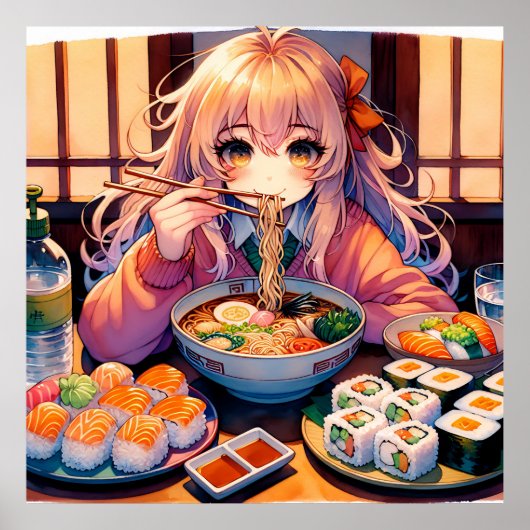 Poster Cute Anime Girl Manger Ramen et Sushi (Devant)