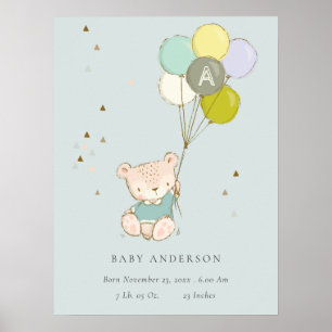 Poster Cute Aqua Ours Ballon Garçons Monogramme Naissance
