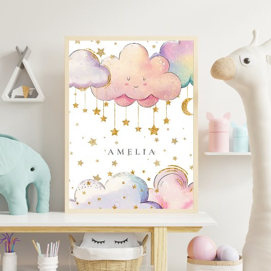 Poster Cute Aquarelle Cloud Star Baby Girl Nursery Room