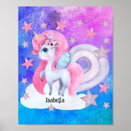 Poster Cute aquarelle Rainbow Unicorn Personnalisé (Devant)