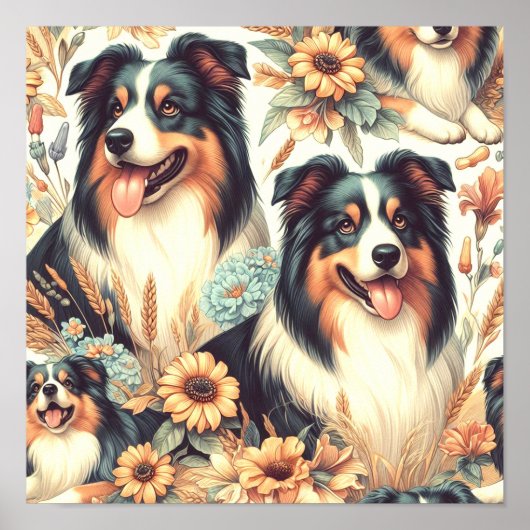 Poster Cute Australian Shepherd peinture Vintage (Devant)
