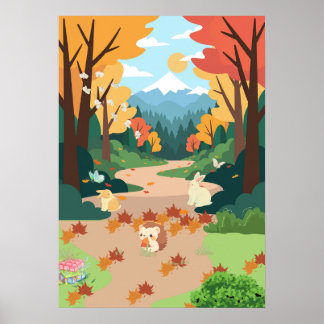 Poster Cute Autumn Forest Animals Cozy Landscape Art Post