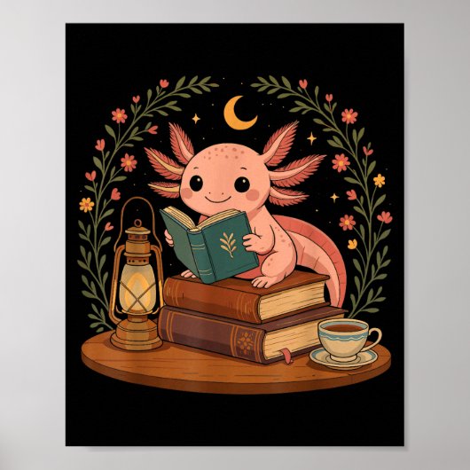 Poster Cute Axolotl Reading Books Cozy Bookworm (Devant)