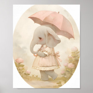 Poster Cute Baby Girl Elephant in Rain Nursery Wall Art