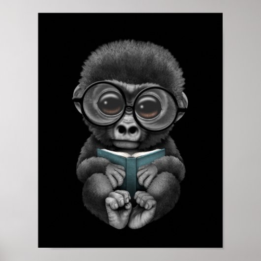 Poster Cute Baby Gorilla Reading a Book on Black (Devant)