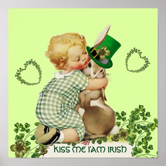 Poster CUTE BABY HUGGING RABBIT Irish St. Patrick's Day (Devant)