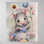 Poster Cute Baby Mouse Pastel Watercolor Spring Flowers (Devant)