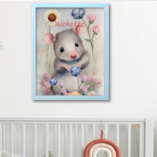 Poster Cute Baby Mouse Pastel Watercolor Spring Flowers