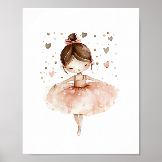 Poster Cute Ballerina Ballet Danse Amour Coeurs Aquarelle (Devant)