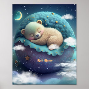 Poster Cute Bear Sleeping Bleu Coussin Étoiles Lune Nurse