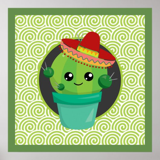 Poster Cute Big-Eyed Cactus in Red Sombrero (Devant)