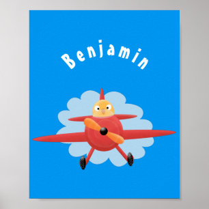 Poster Cute bird flying red airplane cartoon illustration