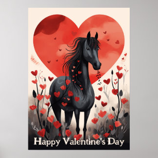 Poster Cute Black Horse et Coeurs Heureuse Sainte-Valenti