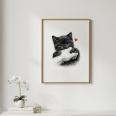 Poster Cute Black Kitten Biting Hand with Love Hear