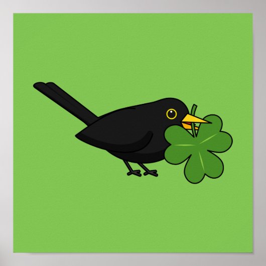 Poster Cute Blackbird avec Shamrock Clover Carton (Devant)