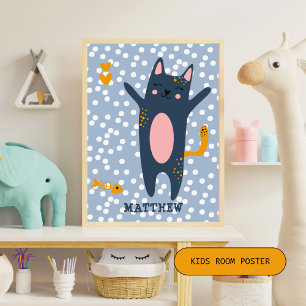 Poster Cute Blue Chat - Chambre Bleue Enfants / Pépinière