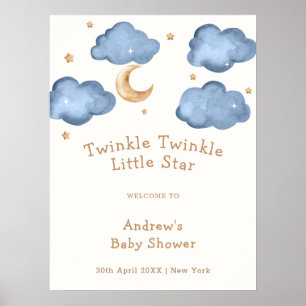 Poster Cute Blue Moon Stars Twinkle Baby shower Bienvenue