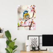 Poster Cute Blue Tit Bird on Spring Blooming Apple Tree   (Bureau à domicile)