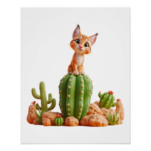 Poster Cute Bobcat sur cactus