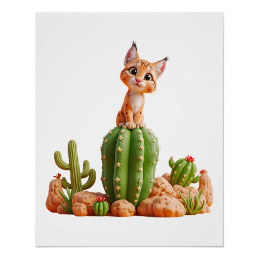 Poster Cute Bobcat sur cactus (Devant)