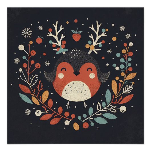 Poster Cute Boho Automne Robin couronne Décale murale (Devant)