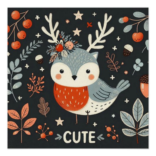 Poster Cute Boho Automne Robin couronne Décale murale (Devant)