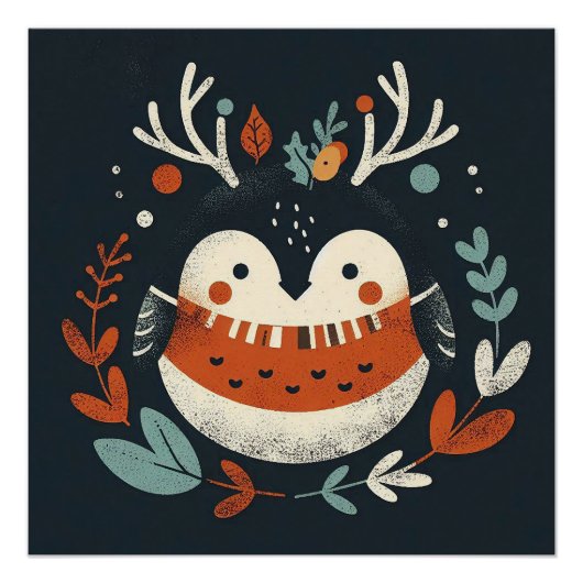 Poster Cute Boho Automne Robin couronne Décale murale (Devant)