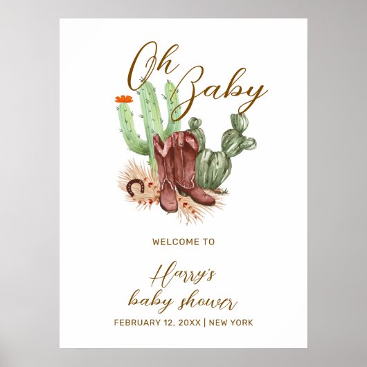 Poster Cute Boho Cactus Cowboy Chaussures Baby shower Bie (Devant)