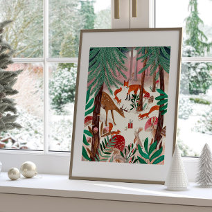 Poster Cute Bois Animaux Rose Forêt de Noël