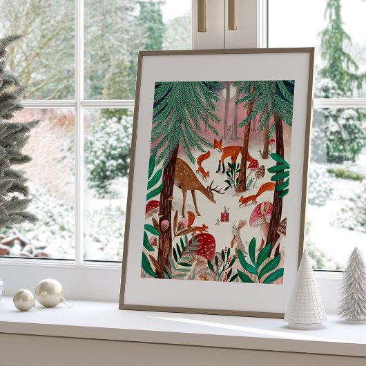 Poster Cute Bois Animaux Rose Forêt de Noël