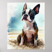 Poster Cute Boston Terrier Sur La Plage Wall Art Imprimer (Devant)