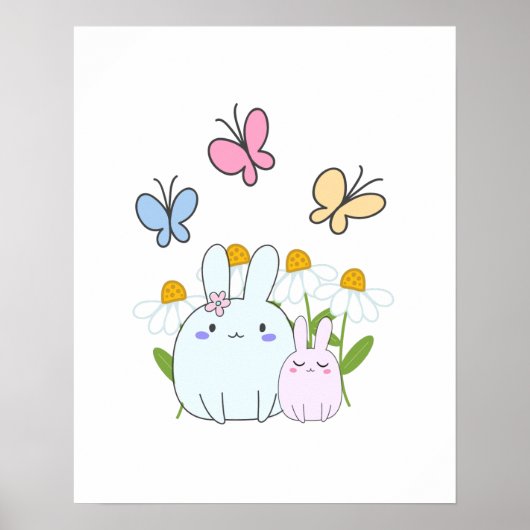 Poster Cute Bunnies avec marguerites de printemps et papi (Devant)