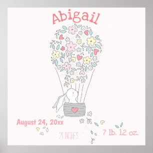 Poster Cute Bunny in Air Balloon  Birth Stats Nursery Art
